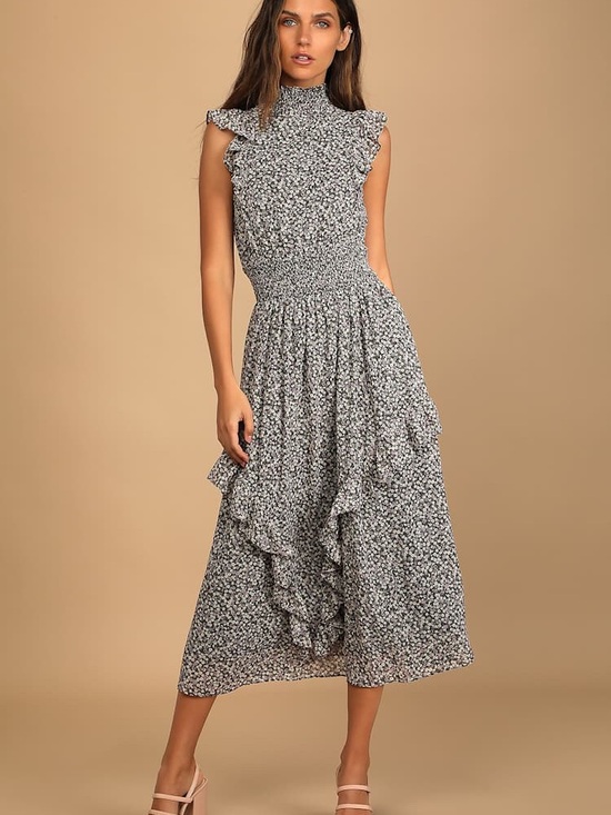 Lulus Dresses & Skirts - Lulus Evalina Black Floral Print Mock Neck Midi Dress Size Small